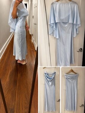 Ice Blue silk midi evening dress w/ matching sheer cape